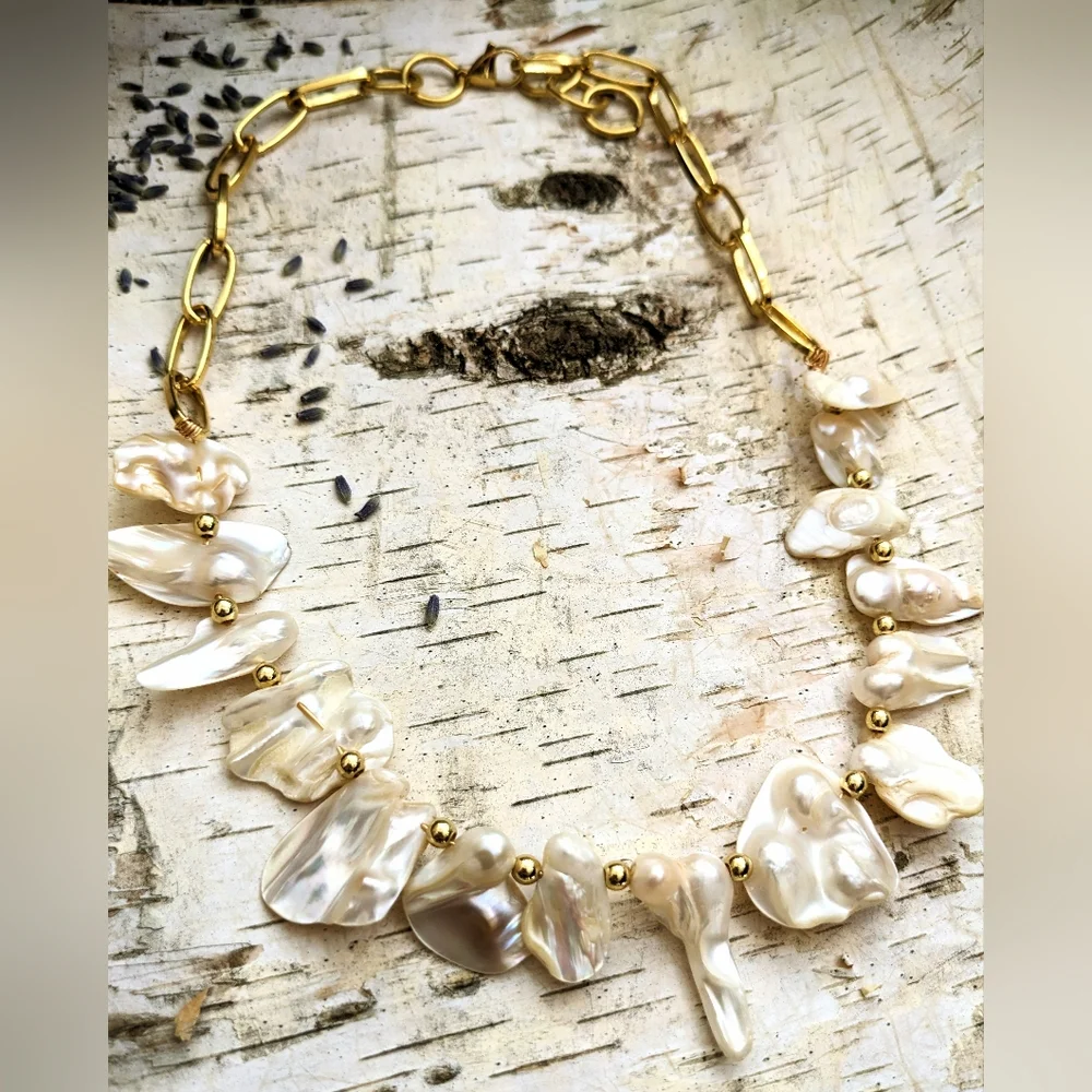 White Irregular Keshi Pearls In Classic 18K Gold  Plated Paperclip Necklace - Picture 8 of 9